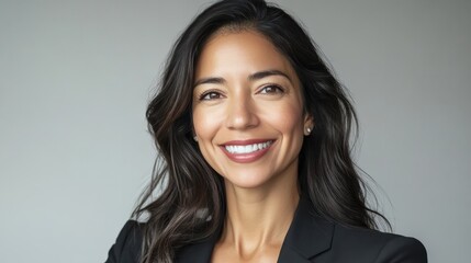 Fototapeta premium portrait of a confident latin american businesswoman, smiling while using tech for remote communication, showcasing diversity and modern work culture