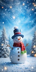 Obraz premium a magical and enchanting winter atmosphere. The snowman with a hat and scarf, surrounded by snow and snowy trees, creates a festive and joyful scene