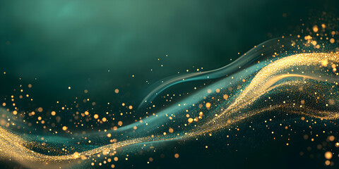 Abstract green background with gold bokeh and glitter. Banner green background with lights. Green banner concept.
