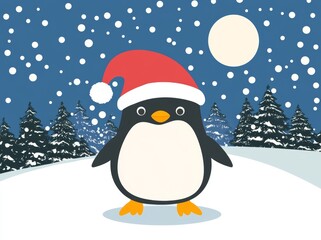 Fototapeta premium In the heart of winter, a penguin in a red hubcap near a snow-covered tree.