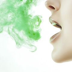 Fototapeta premium Bad odor from behind a girl's mouth, odor from behind mouth with green color. Failure to maintain oral hygiene. Place for text. The concept of oral hygiene.
