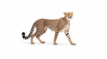 Naklejka premium Cheetah standing gracefully against a white background displaying its distinctive spotted coat and elegant posture