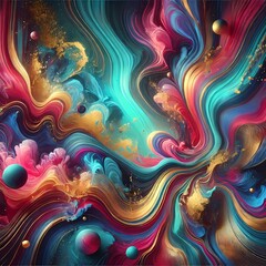 A stunning abstract background with a mix of vivid colors such as turquoise, magenta, gold, and deep red, featuring dynamic fluid art patterns