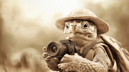 Fototapeta premium Turtle photographer with a camera and hat in sepia tones, AI