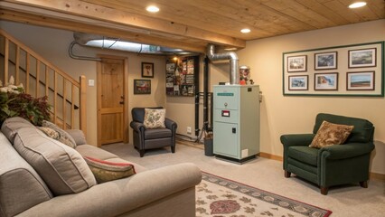 Family room with visible pipes connected to a biomass unit creating a comfortable environment.