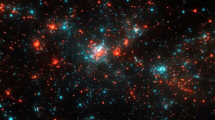 Obraz premium Abstract Network of Teal and Orange Lights Against a Black Background