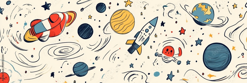 Poster whimsical doodles showcase planets, rockets, and astronauts in a vibrant cosmic arrangement, invitin