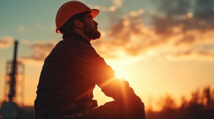 Side profile of a bearded worker in a hard hat, contemplating while seated at an industrial site during sunset, highlighting themes of reflection and craftsmanship.