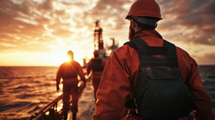In this image, workers are seen walking towards an oil rig on a structure above the ocean, with the setting sun providing a spectacular backdrop for their journey.