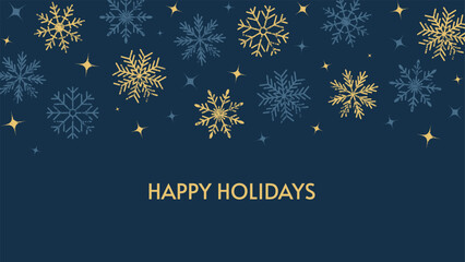 Fototapeta premium Christmas dark blue background. Snowflakes with grunge texture. Gold and blue snowflakes. New Year vintage banner with grainy noise. Happy holidays. Random falling snow. Vector retro illustration.