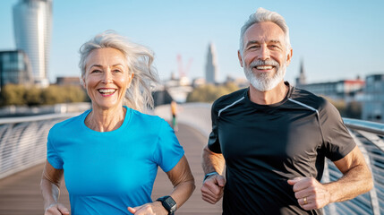 Active Seniors Jog Together in the City, Showcasing Health and Vitality During a Sunny Day on a Modern Bridge