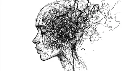 Ingelijste posters Een lijn Continuous one line drawing of a woman with confused feelings worried about bad mental health. Problems, stress, sad and depression concept in doodle style. Liner Vector illustration  © Pickoloh