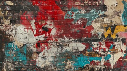 Fototapeta premium A vibrant and chaotic graffiti mural on a textured brick wall, showcasing overlapping layers of bold colors, shapes, and abstract symbols. Urban street art.