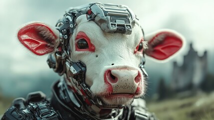 A futuristic cow adorned with advanced cybernetic augmentations, surrounded by a serene natural landscape, blending organic and synthetic elements harmoniously.