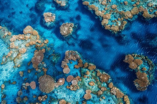 This aerial perspective showcases colorful coral reefs surrounded by clear blue waters, revealing abundant marine biodiversity in a tropical setting. - Powered by Adobe