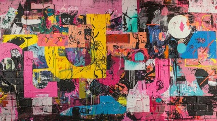 Fototapeta premium A vibrant and chaotic graffiti mural on a textured brick wall, showcasing overlapping layers of bold colors, shapes, and abstract symbols. Urban street art.