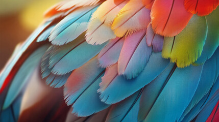 Obraz premium Vibrant bright multicolored beautiful parrot bird feathers close-up.