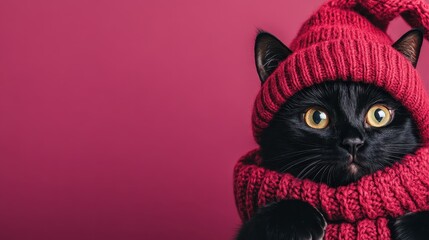 A cozy black cat is warmly wrapped in a vibrant red knitted hat and scarf against a deep magenta backdrop, ideal for winter-themed compositions.