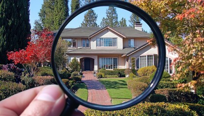 Magnifying glass inspecting a house for purchase or investment, symbolizing thorough real estate appraisal.