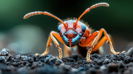 An engaging macro photograph reveals an ant from a front view, highlighting its intricate details and vivid colors as it explores its natural habitat.