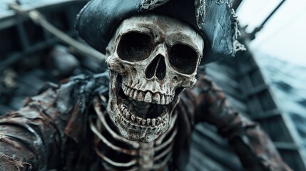 A close-up of a skeletal pirate with decayed clothing and a weathered pirate hat on a wooden ship, captured in detail under an ominous sky.