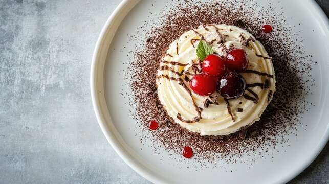 Delicious Cake with Cherries and Chocolate Garnish