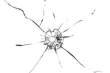 Realistic broken glass with cracks and hole on transparent background