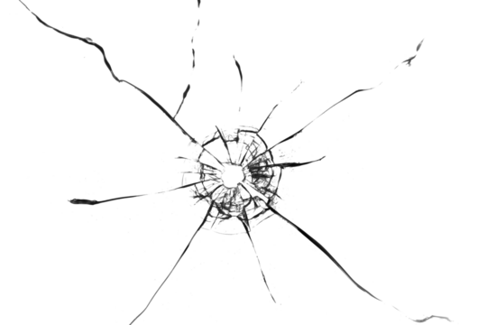 Realistic broken glass with cracks and hole on transparent background