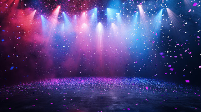 Neon spotlight stage background. Disco party projector light concert or show scene. Magic beam glow for nightclub or award winner with confetti glitter. Congratulation performance for celebrity