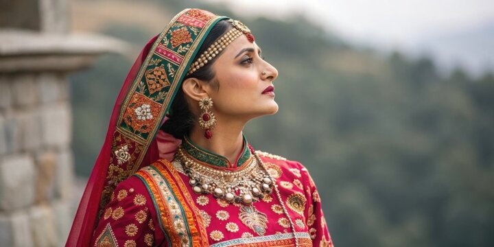 Beautiful himachali bride in red and gold traditional dress and jewelry, posing outdoors with a serene expression, showcasing rich cultural heritage