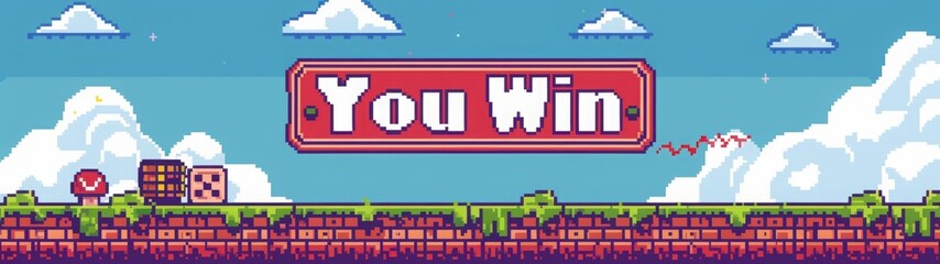 Obraz premium Pixel art 'You Win' screen with brick platforms, grass details, and blue sky. Retro video game victory scene concept for design and banner. Generative AI