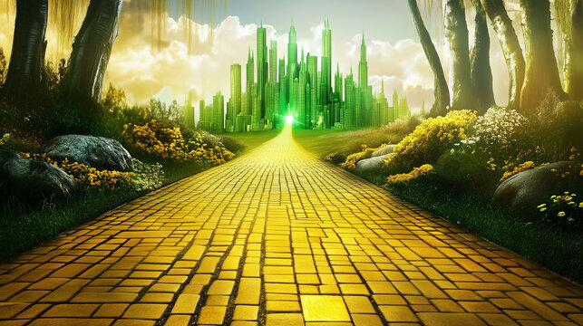Yellow brick road leading to green emerald city in the distance. Wizard of Oz concept.