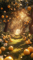 orange trees in the garden in the morning sunrise