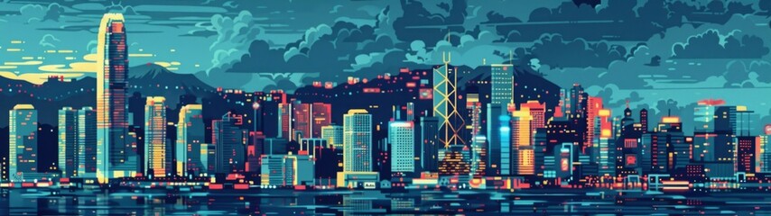 Obraz premium Modern city skyline with illuminated skyscrapers and reflections on water during twilight. Digital art in neon cyberpunk style. Generative AI