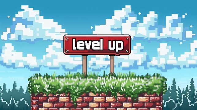 Level up text on a red sign in pixel art style. Floating grassy platform with brick base against a blue sky and pixelated clouds. Generative AI - Powered by Adobe