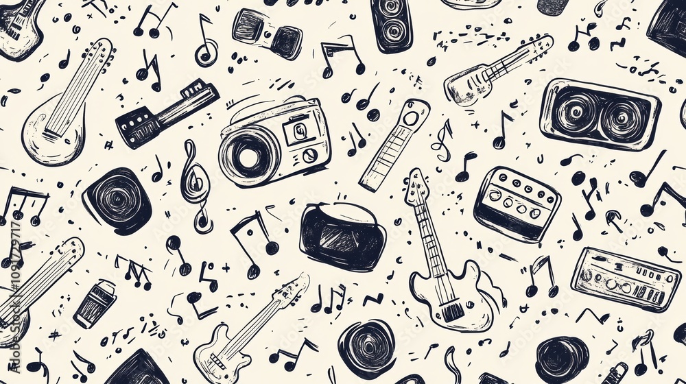 Poster vibrant doodle pattern showcases various musical instruments, notes, headphones, and speakers, creat
