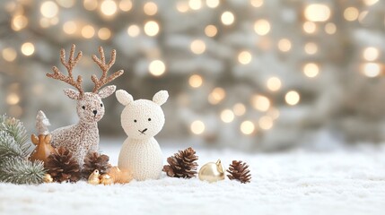 Handcrafted knit reindeer and snowman decorations with pine cone and bokeh lights on snowy background. Cozy winter holiday scene with rustic elements