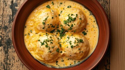 Fototapeta premium Creamy Dumplings in Savory Sauce with Herbs