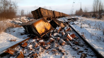 An intense scene of a freight train derailment with train cars off the tracks in a snowy landscape, scattered debris highlighting the magnitude of the accident.