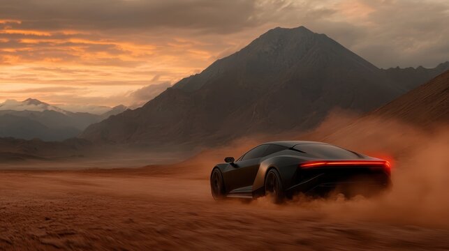 A sleek black sports car speeds across a barren desert landscape during sunset, capturing the essence of freedom, power, and adventure in a dynamic and cinematic manner.