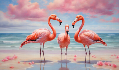 Obraz premium Elegant flamingos on the beach with ocean waves.