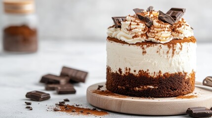 A delicious chocolate cake topped with whipped cream and chocolate chunks, elegantly presented on a wooden board, perfect for dessert or celebration.