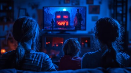 Obraz premium In a cozy living room, three family members sit together, captivated by a scary movie flickering on the screen, surrounded by dark blue light
