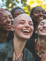 Fototapeta premium Young diverse people having fun outdoor laughing together - Diversity concept - Main focus on bald girl face