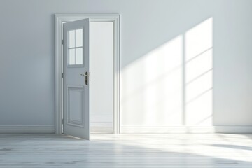 Open door with keys leading into a bright and spacious new home, representing the threshold to new beginnings in real estate.