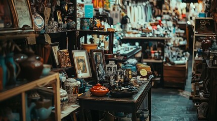 Naklejka premium Vintage shop interior filled with antique items and collectibles