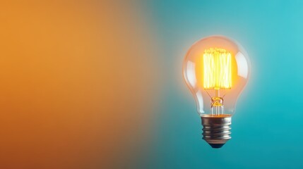 An antique-style light bulb shines against a blue and orange color blend, embodying classic elegance with a twist of modern artistic flair in its glow.