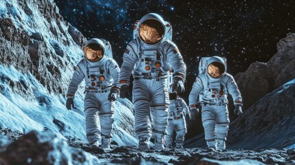 A multicultural team of astronauts from Asia, Africa, and Latin America preparing for a mission to explore the cosmos