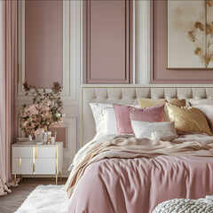 Picture of a womans bedroom in pink gold and white