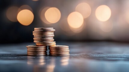 Three stacks of golden coins are captured in a soft bokeh light, creating an atmosphere of wealth and prosperity against a blurred background. The coins are neatly arranged.